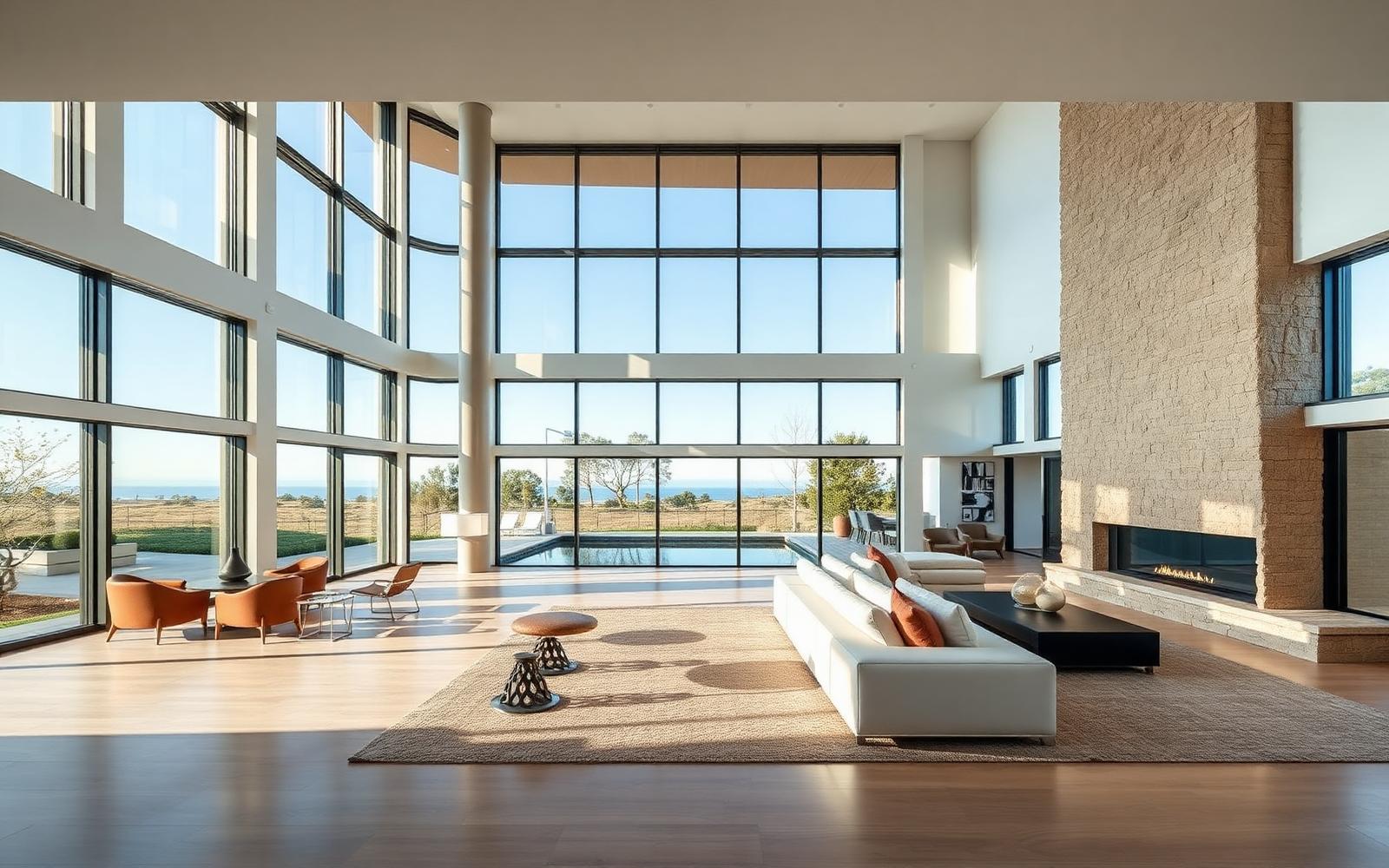 Luxury modern home interior with floor to ceiling windows